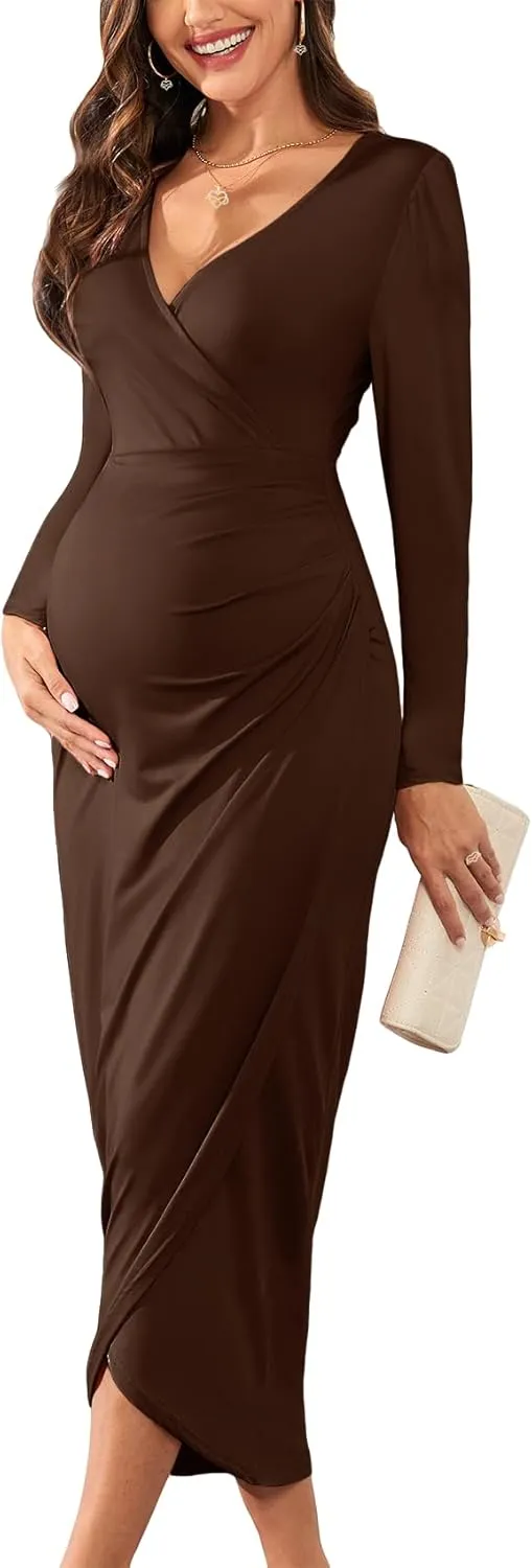 2025 Womens Maternity Wrap Dress V Neck Ruffle Sleeves Semi Formal Baby Shower Photoshoot Party Cocktail Pregnancy