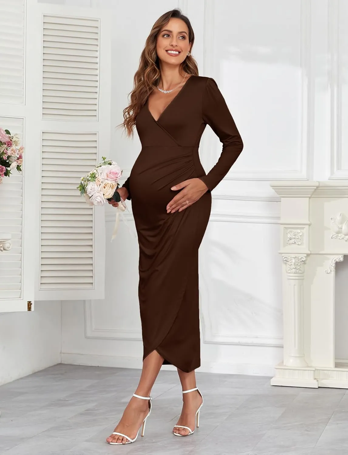2025 Womens Maternity Wrap Dress V Neck Ruffle Sleeves Semi Formal Baby Shower Photoshoot Party Cocktail Pregnancy