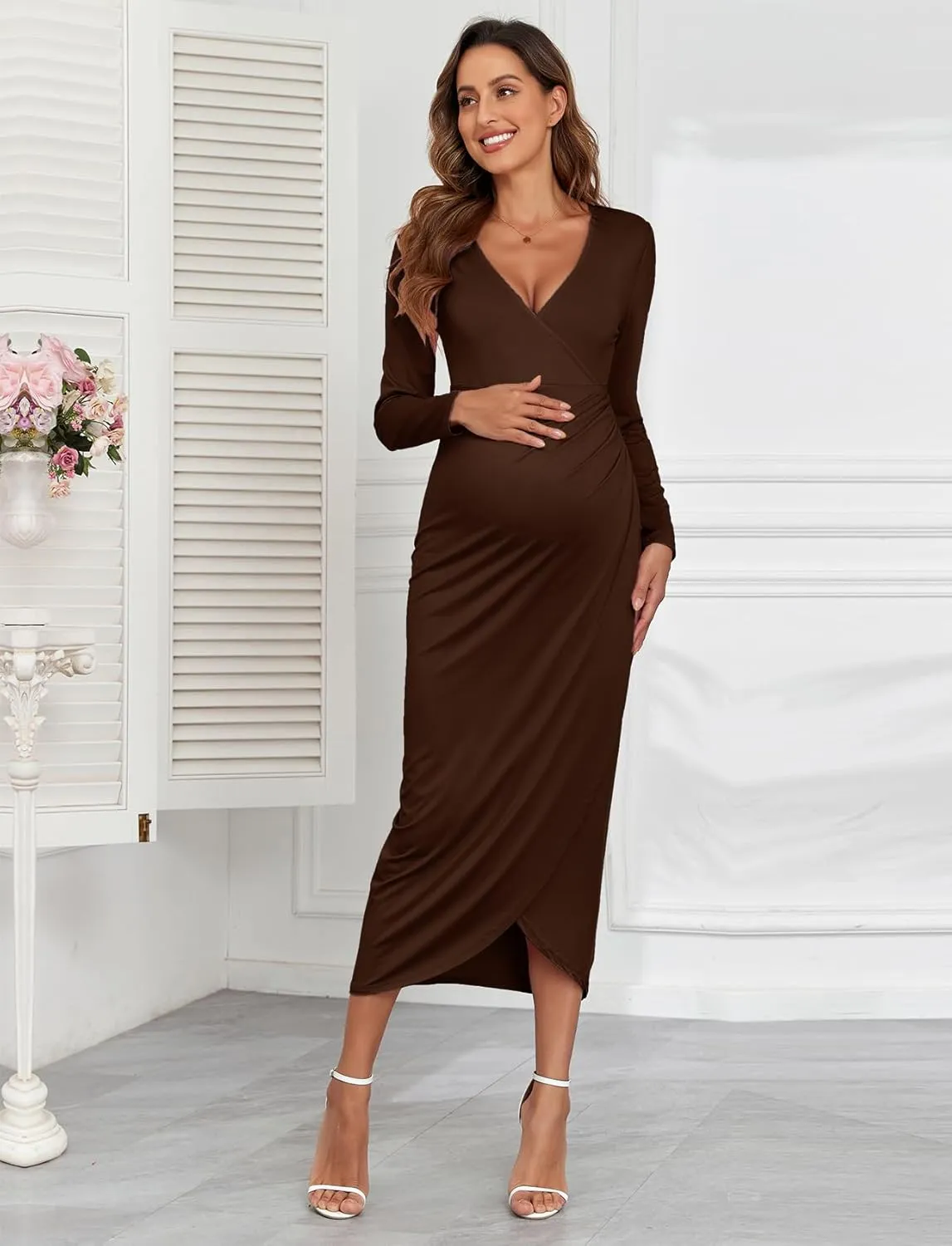 2025 Womens Maternity Wrap Dress V Neck Ruffle Sleeves Semi Formal Baby Shower Photoshoot Party Cocktail Pregnancy