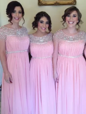 A-line Scoop-Neck Floor-Length Chiffon Bridesmaid Dresses With Rhine Stones HX001