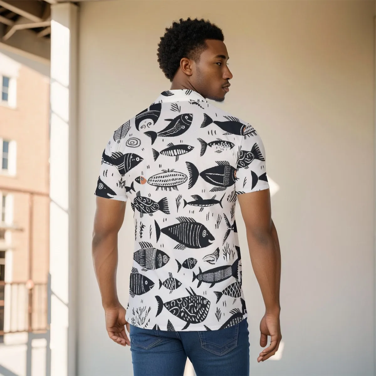 All-Over Print Men's Shirt J 29 black and white fish print