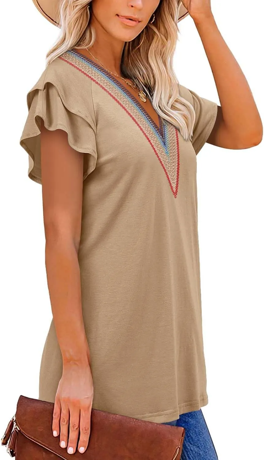 Angerella Short Sleeve Lace V Neck Shirts for Women Floral Print Tunic Tops Blouses