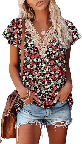 Angerella Short Sleeve Lace V Neck Shirts for Women Floral Print Tunic Tops Blouses