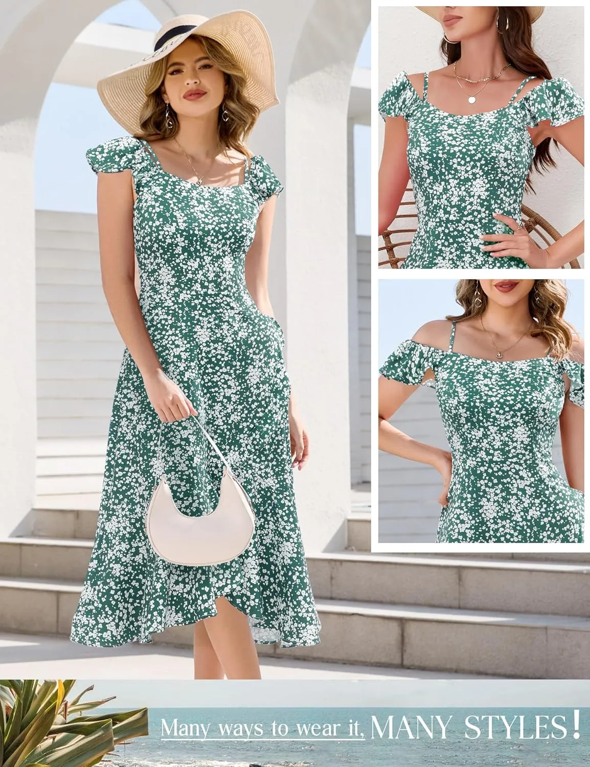 Aupuls Women Off Shoulder Summer Floral Dress 2025 Casual Beach Boho Ruffle Midi Dresses