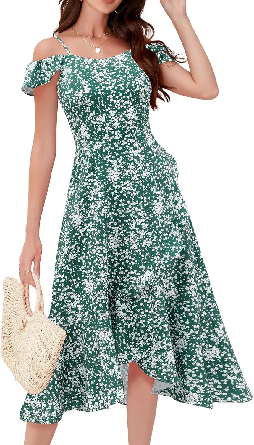 Aupuls Women Off Shoulder Summer Floral Dress 2025 Casual Beach Boho Ruffle Midi Dresses
