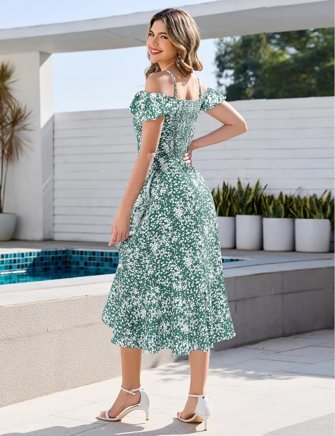 Aupuls Women Off Shoulder Summer Floral Dress 2025 Casual Beach Boho Ruffle Midi Dresses