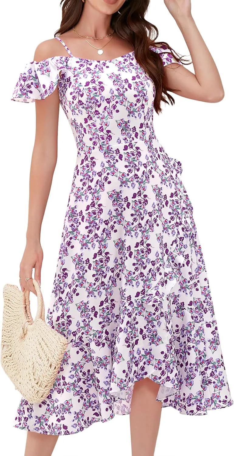 Aupuls Women Off Shoulder Summer Floral Dress 2025 Casual Beach Vacation Midi Dresses