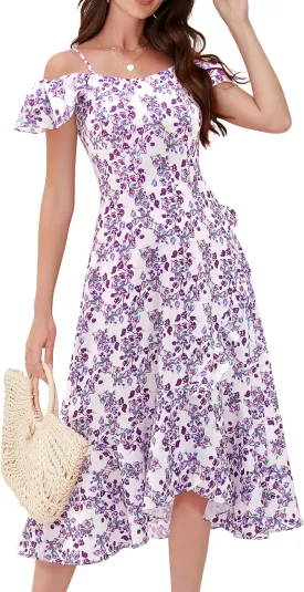 Aupuls Women Off Shoulder Summer Floral Dress 2025 Casual Beach Vacation Midi Dresses
