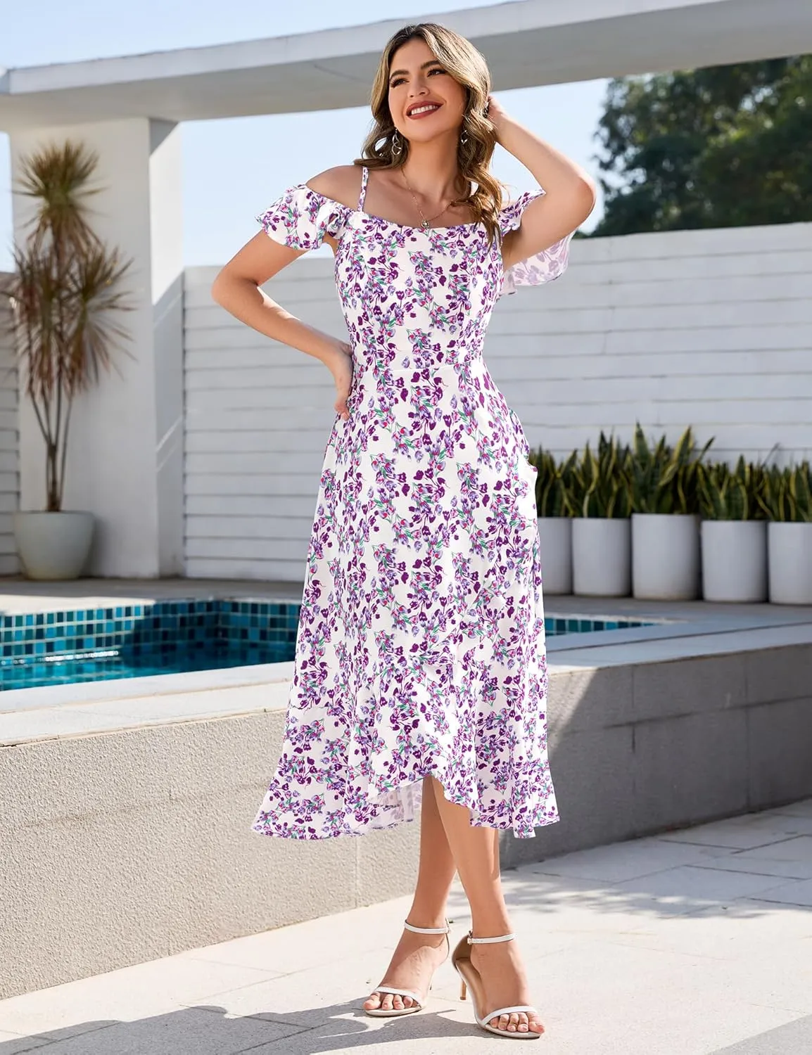 Aupuls Women Off Shoulder Summer Floral Dress 2025 Casual Beach Vacation Midi Dresses
