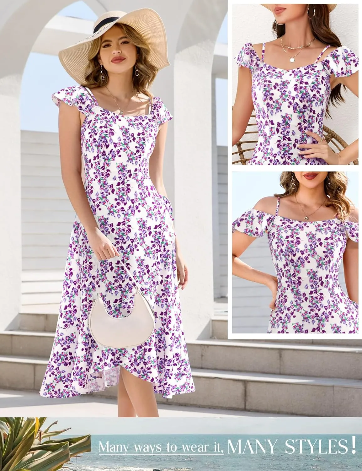 Aupuls Women Off Shoulder Summer Floral Dress 2025 Casual Beach Vacation Midi Dresses
