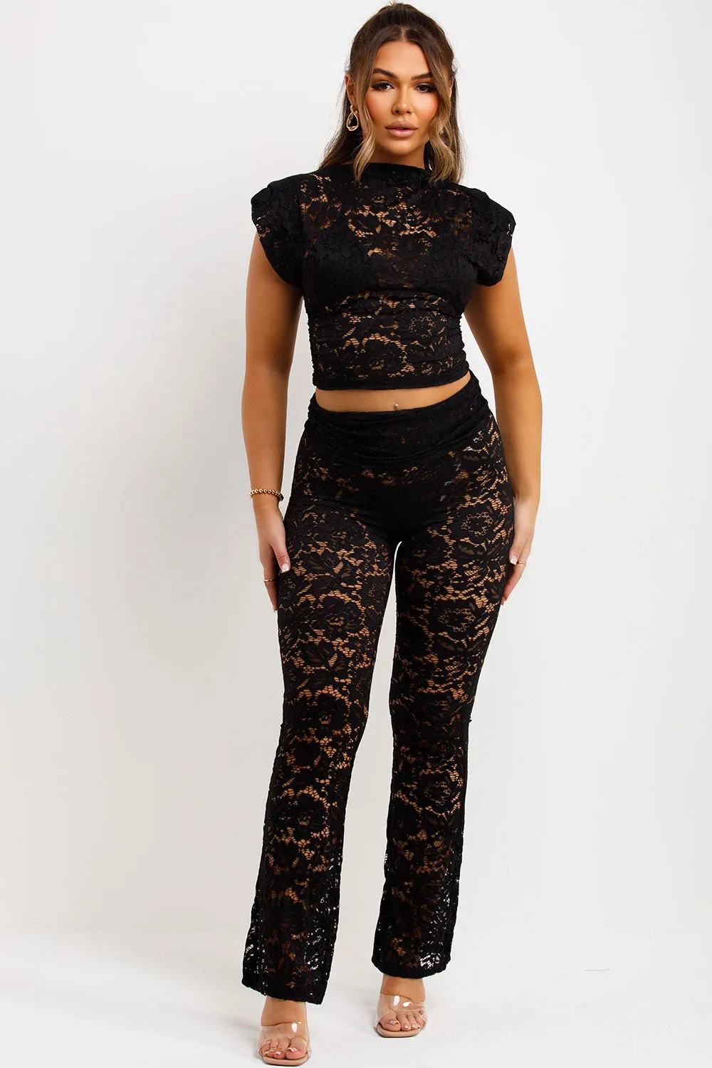 Black Lace Fold Over Flare Trouser And Top Co Ord Set