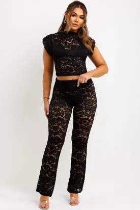 Black Lace Fold Over Flare Trouser And Top Co Ord Set