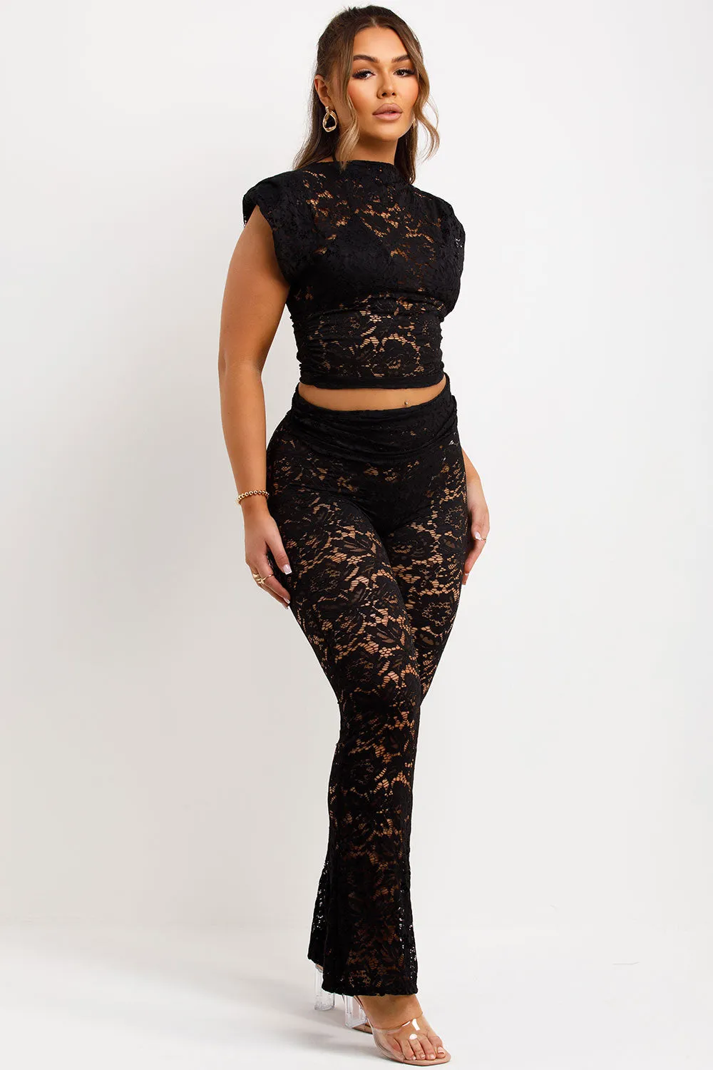 Black Lace Fold Over Flare Trouser And Top Co Ord Set