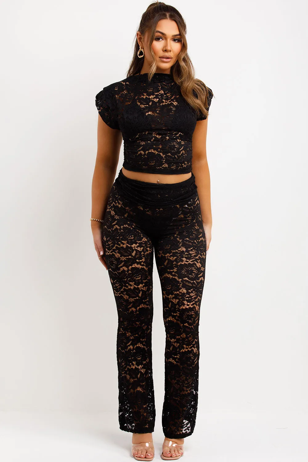 Black Lace Fold Over Flare Trouser And Top Co Ord Set