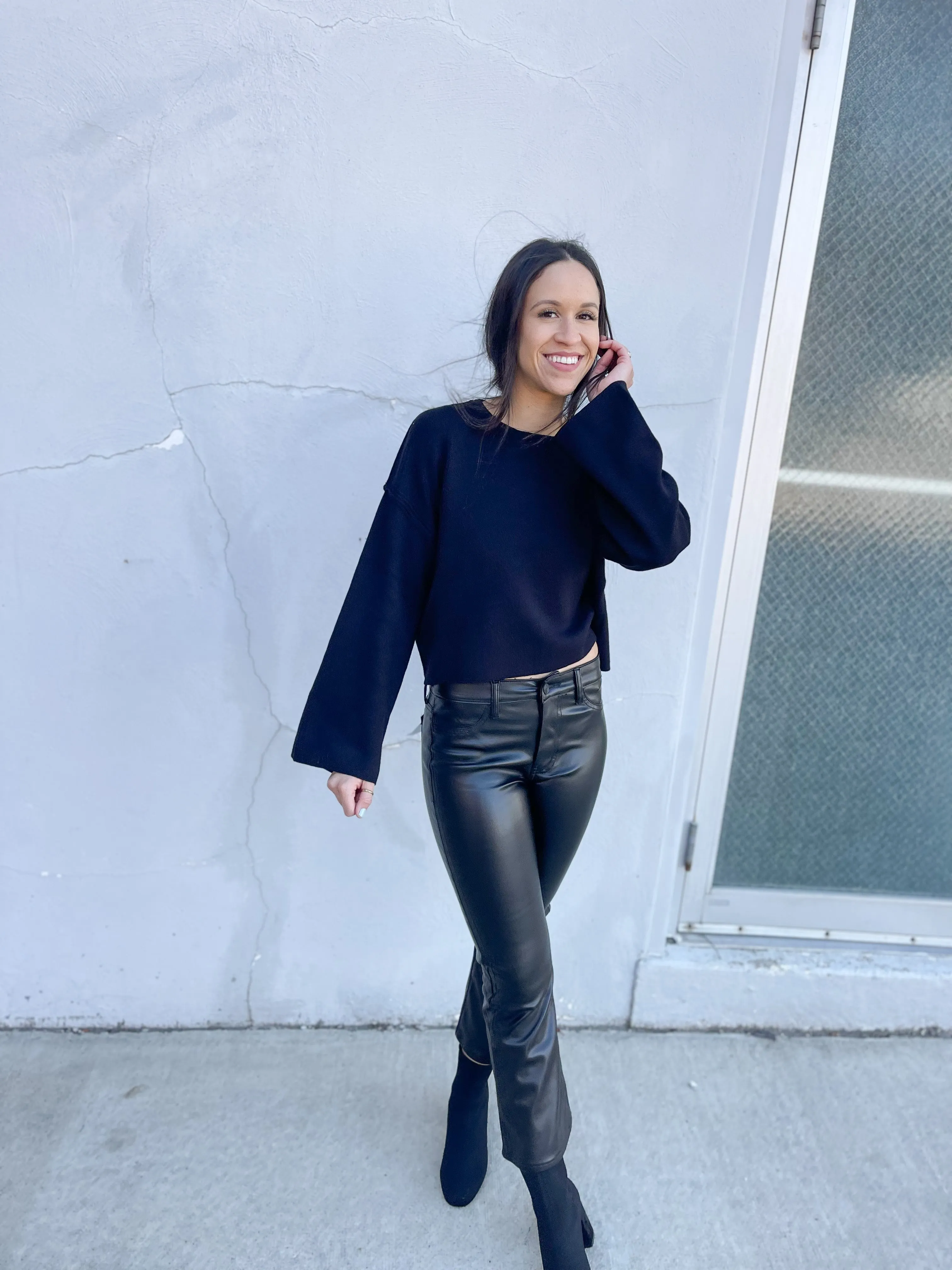Black Vegan Leather Crop Flare Pants