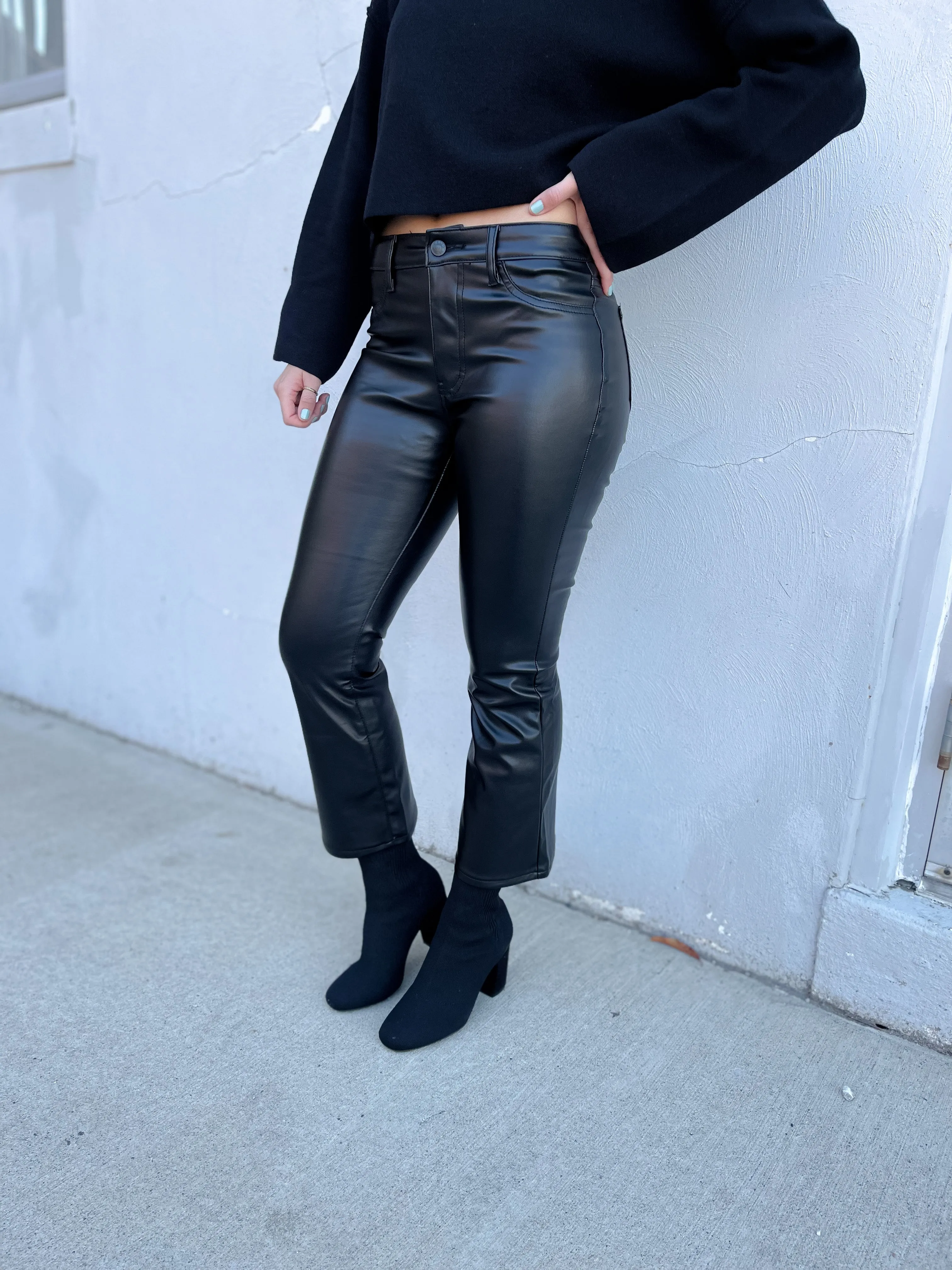 Black Vegan Leather Crop Flare Pants