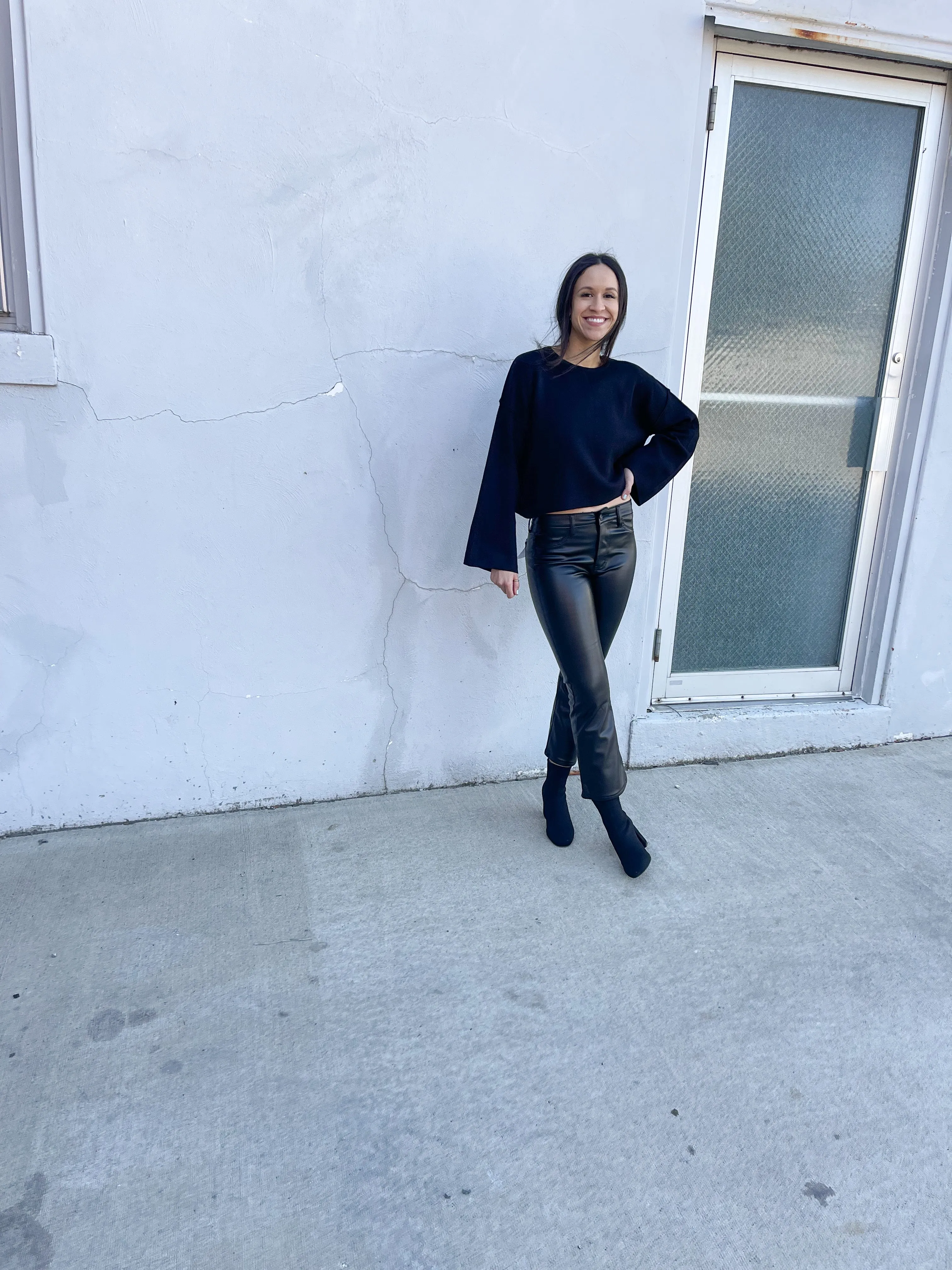 Black Vegan Leather Crop Flare Pants
