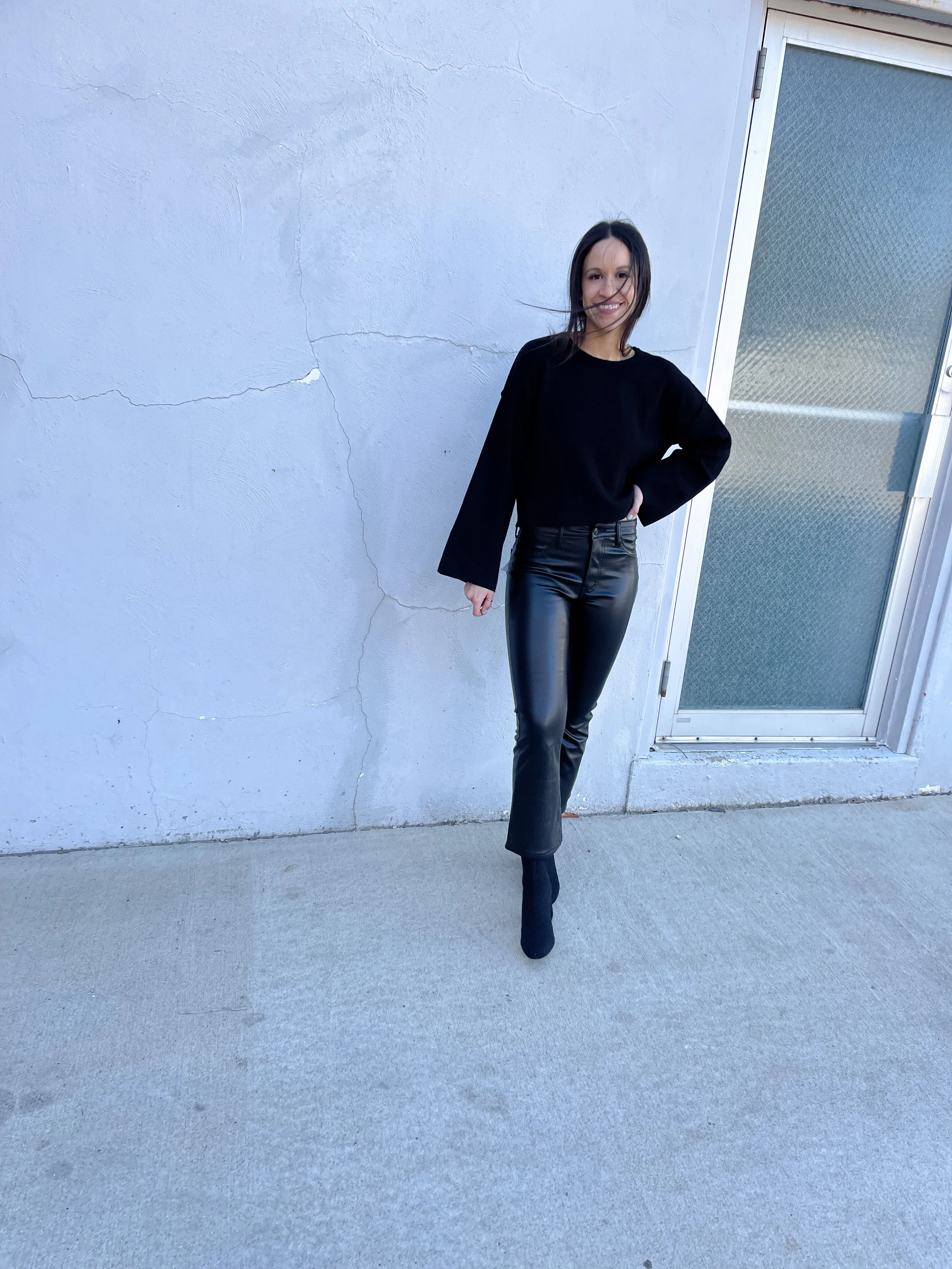 Black Vegan Leather Crop Flare Pants
