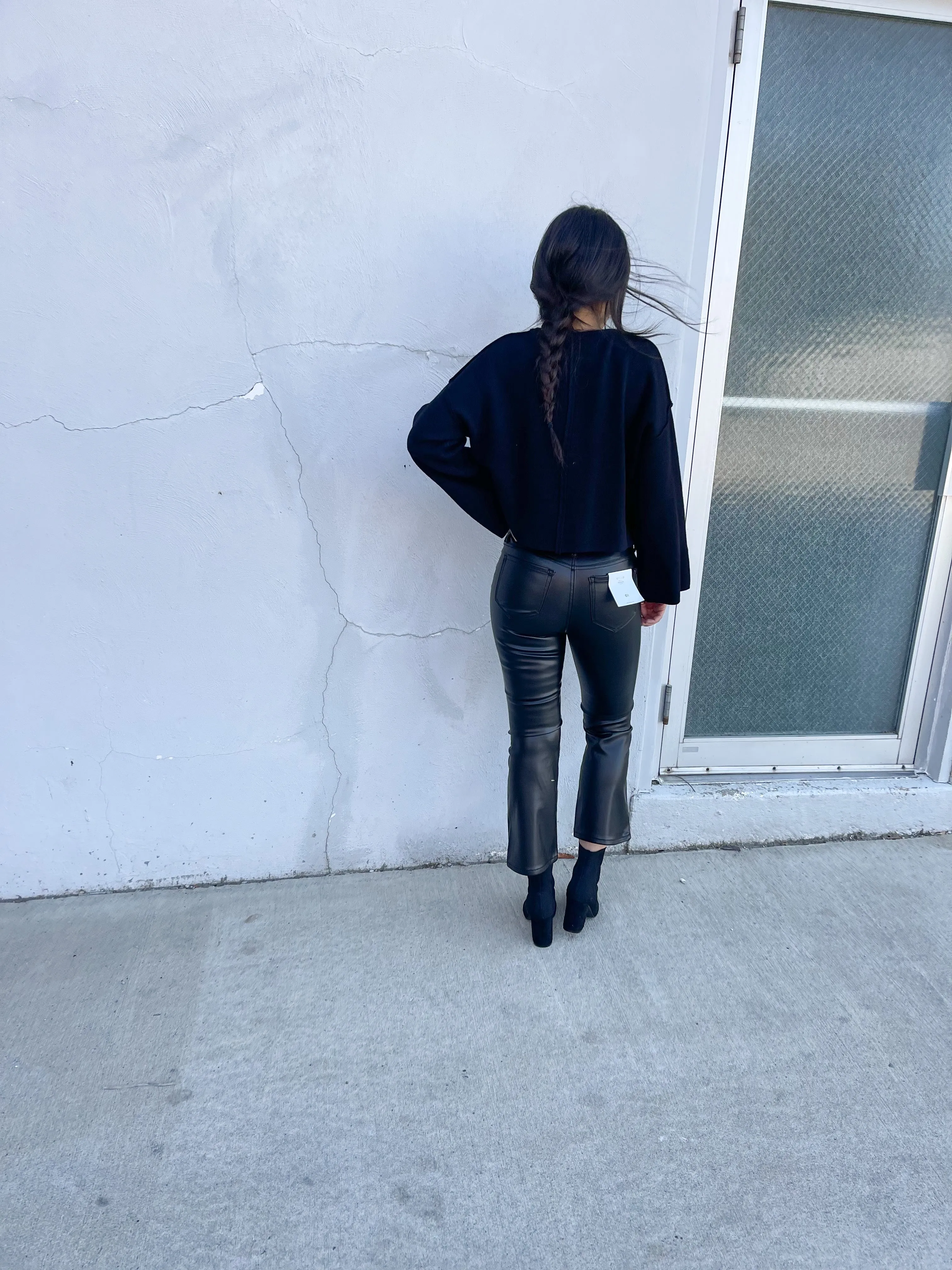 Black Vegan Leather Crop Flare Pants