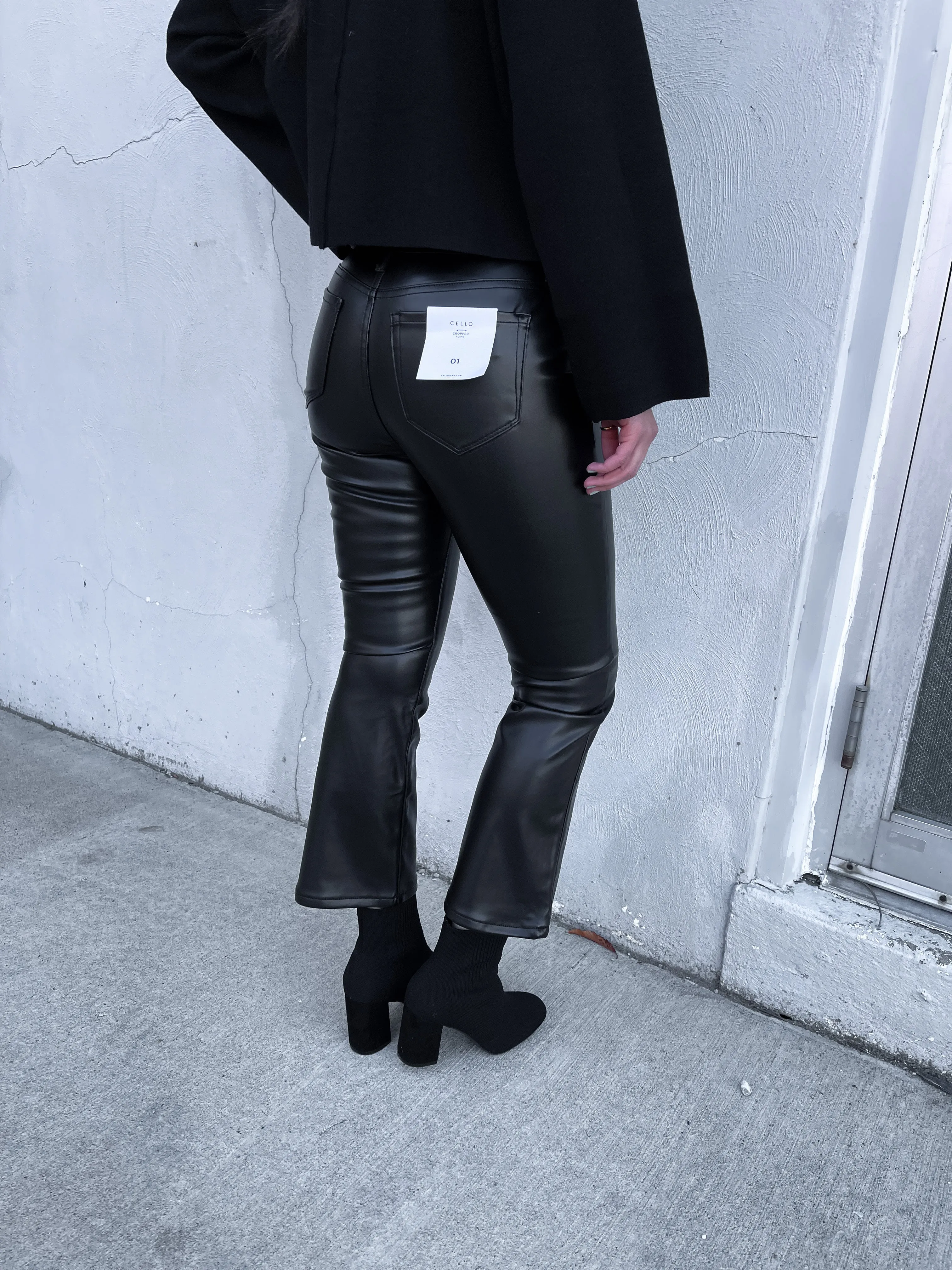 Black Vegan Leather Crop Flare Pants