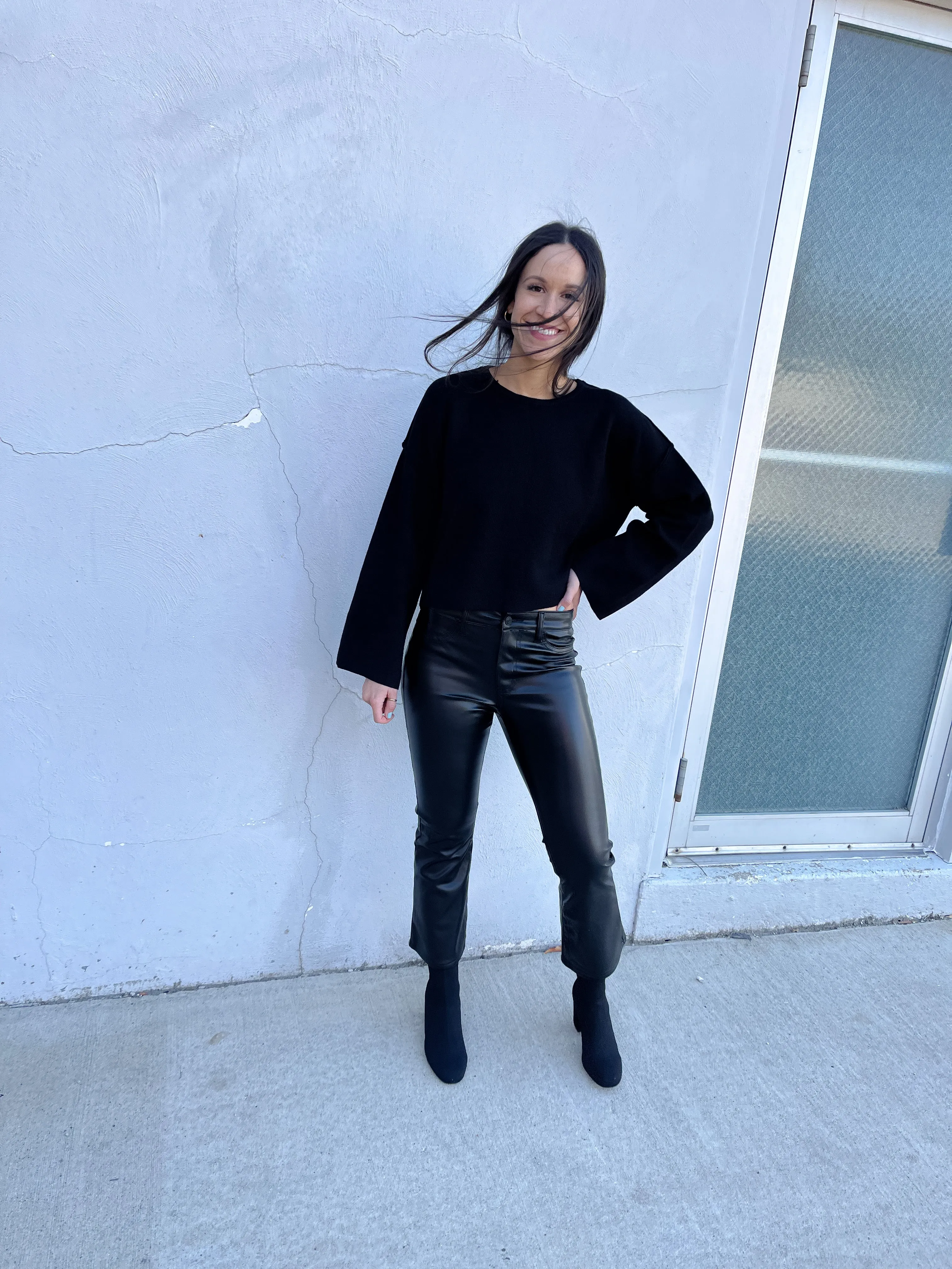 Black Vegan Leather Crop Flare Pants