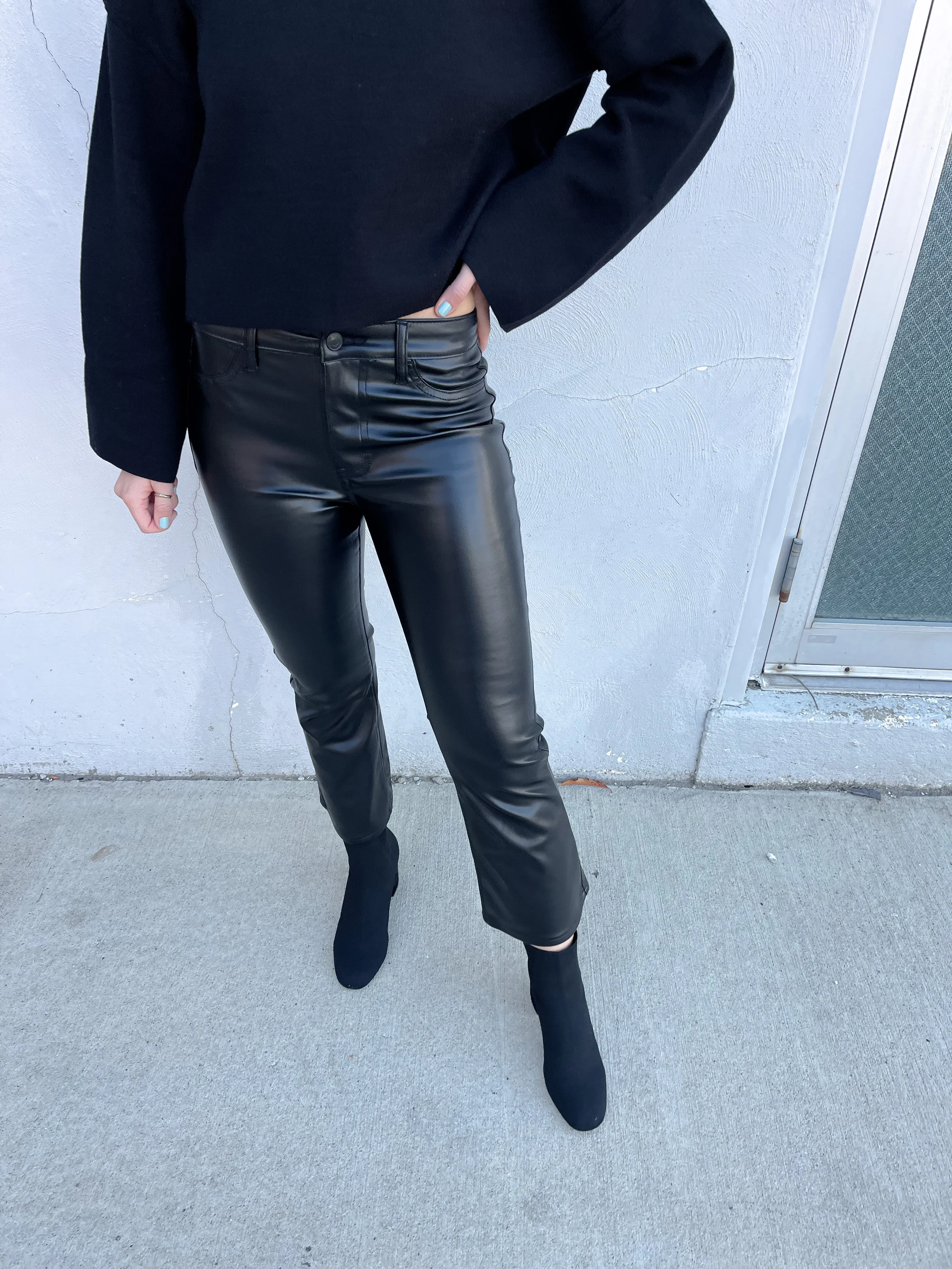 Black Vegan Leather Crop Flare Pants