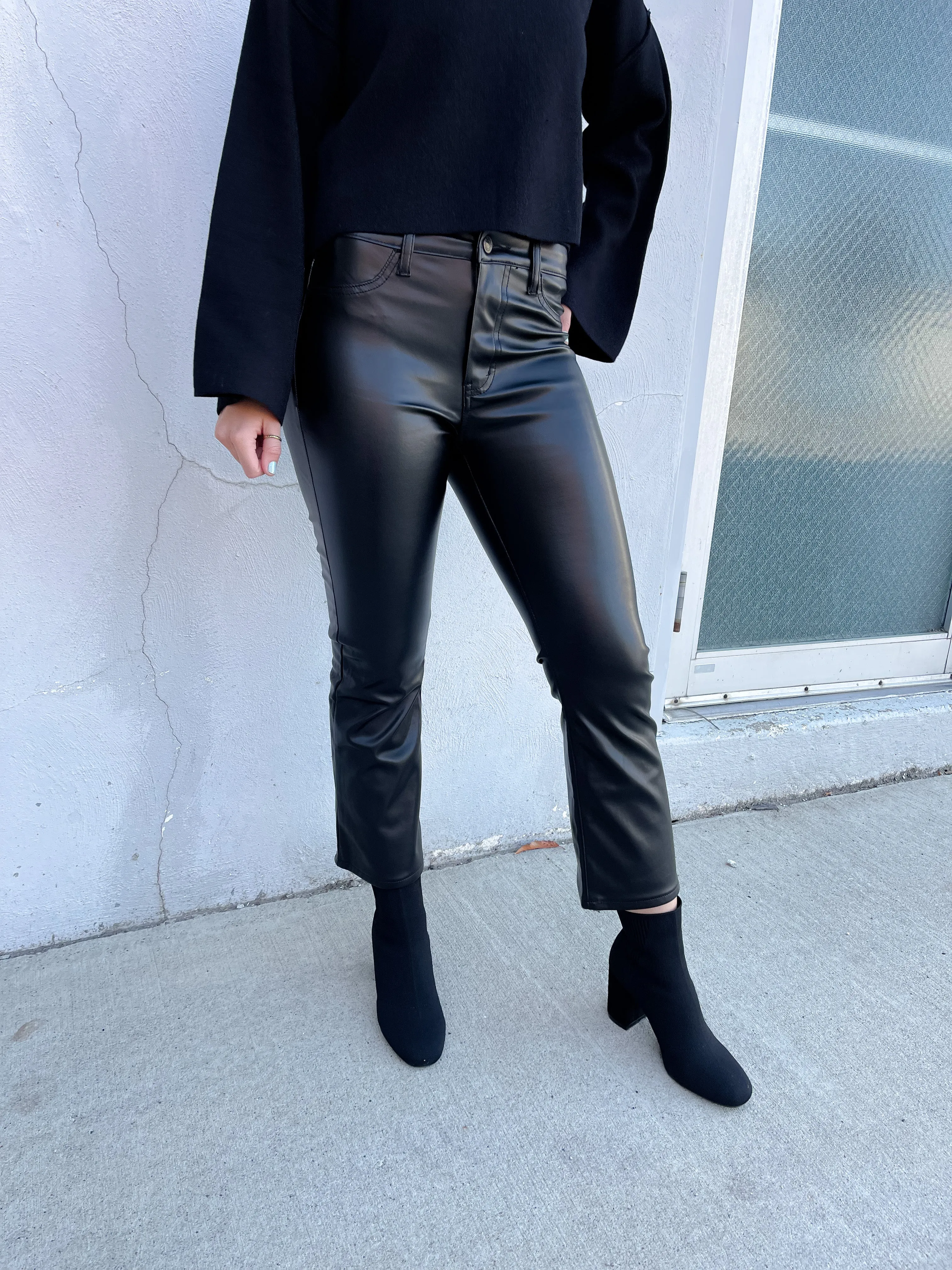 Black Vegan Leather Crop Flare Pants