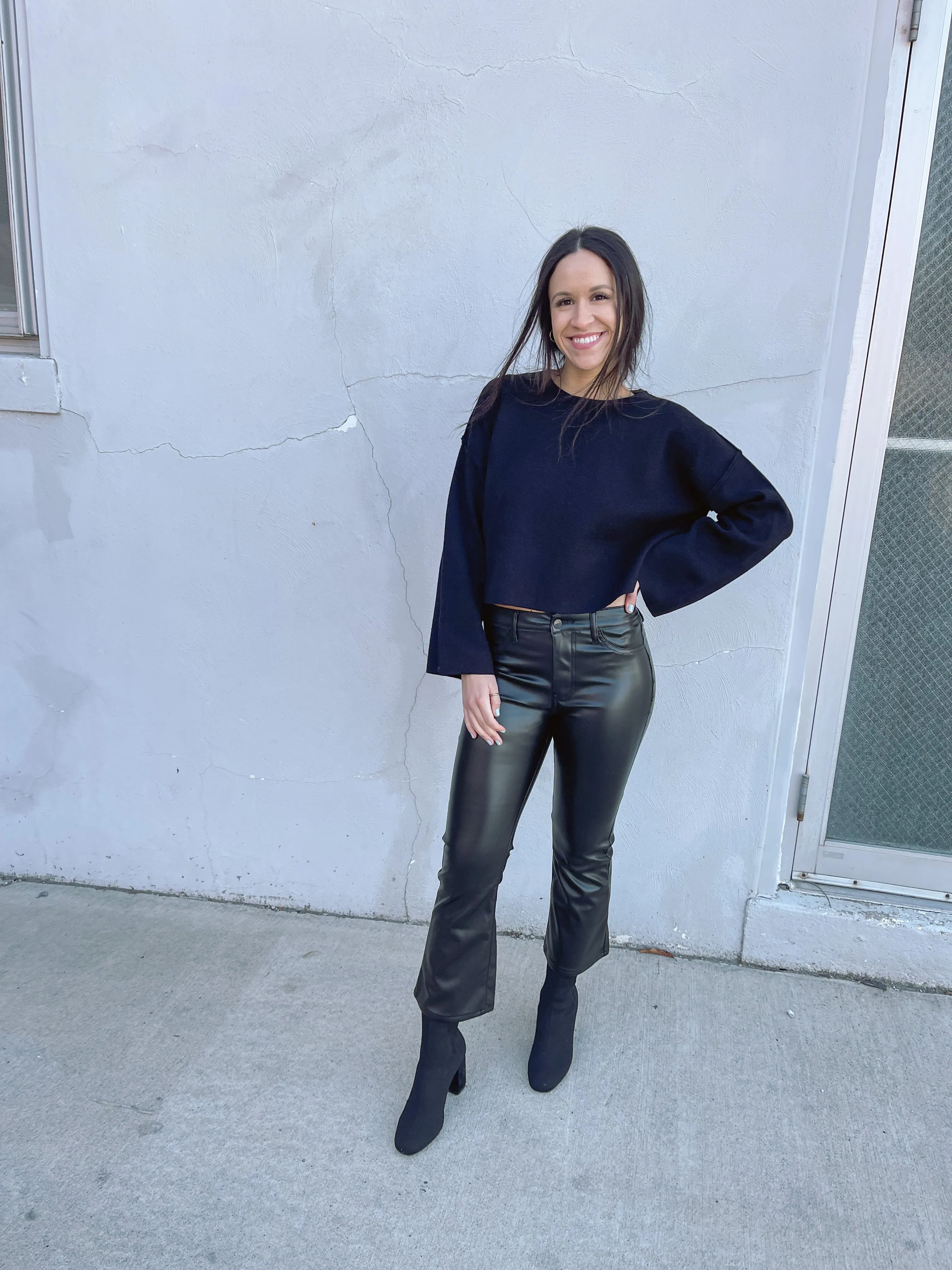Black Vegan Leather Crop Flare Pants