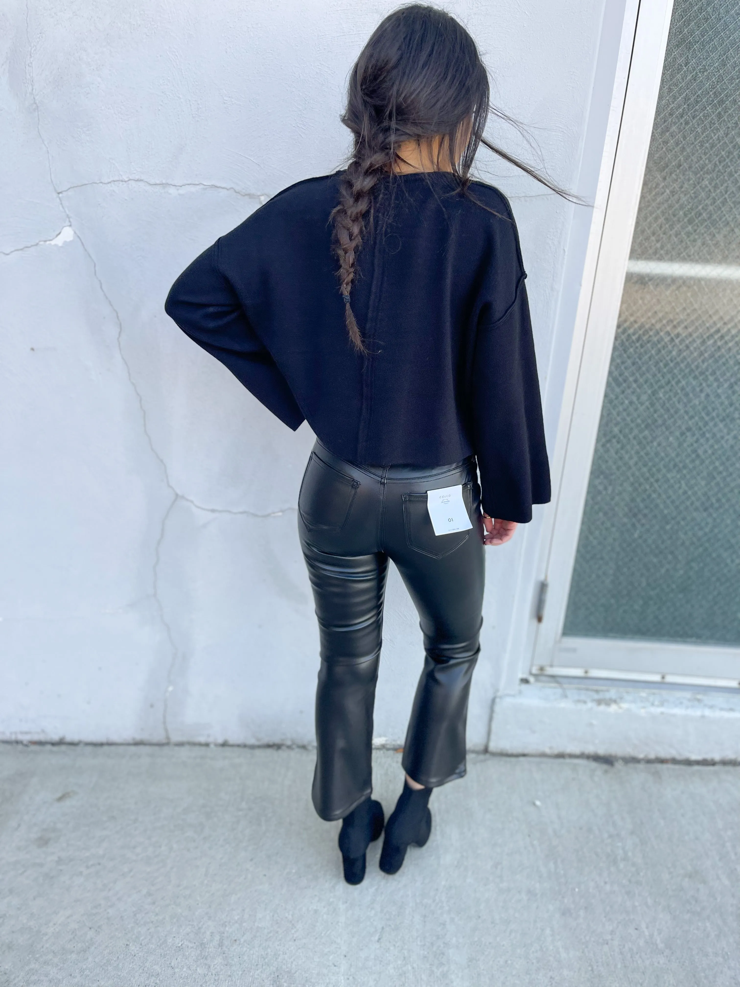 Black Vegan Leather Crop Flare Pants