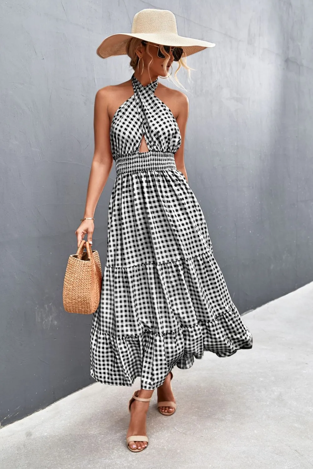 Blue Zone Planet |  Printed Halter Neck Tiered Maxi Dress