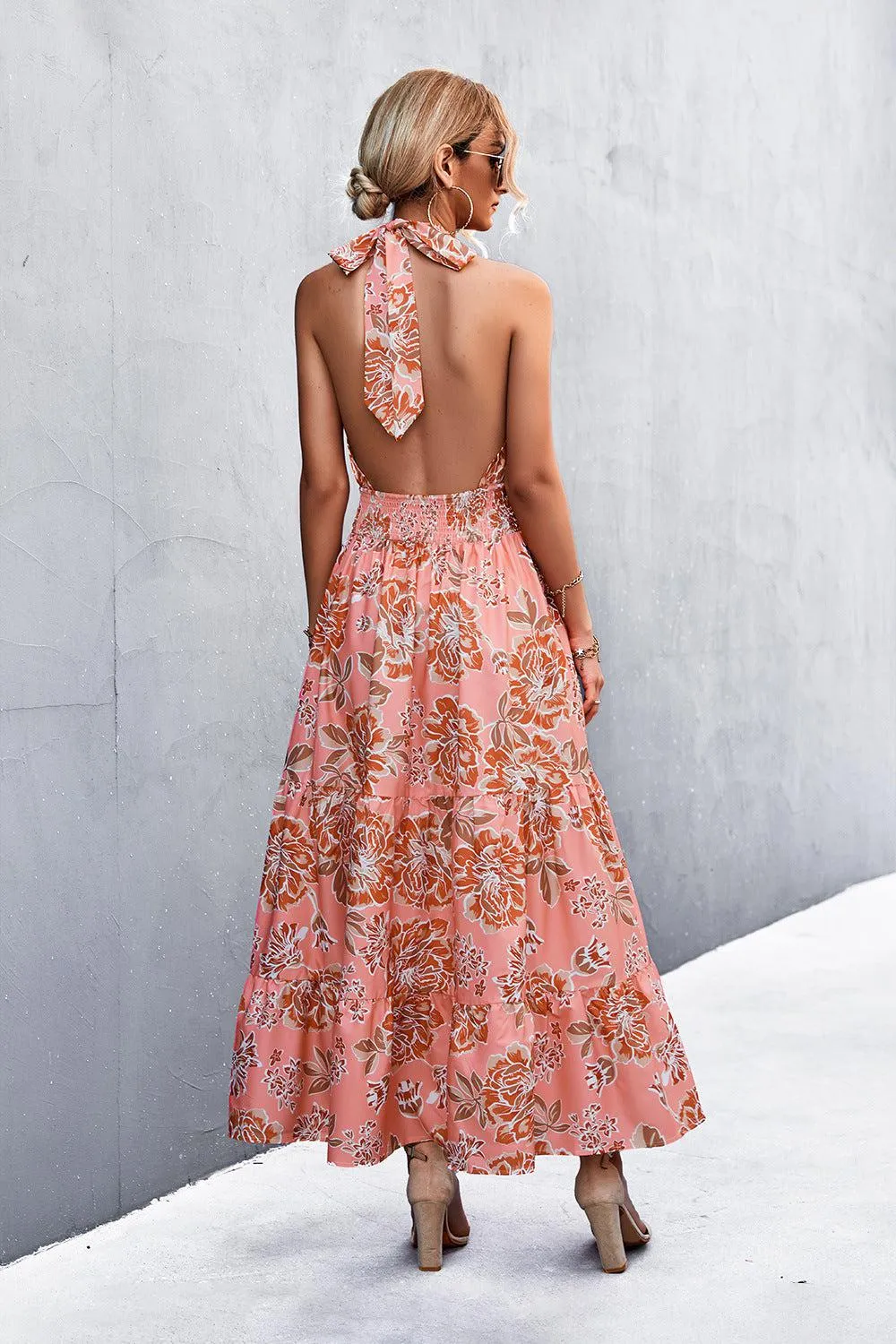 Blue Zone Planet |  Printed Halter Neck Tiered Maxi Dress