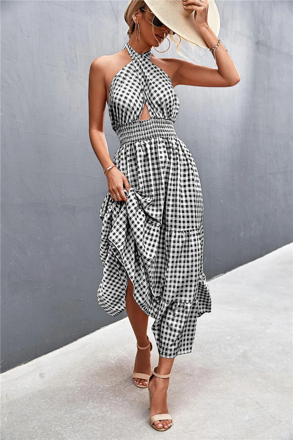 Blue Zone Planet |  Printed Halter Neck Tiered Maxi Dress