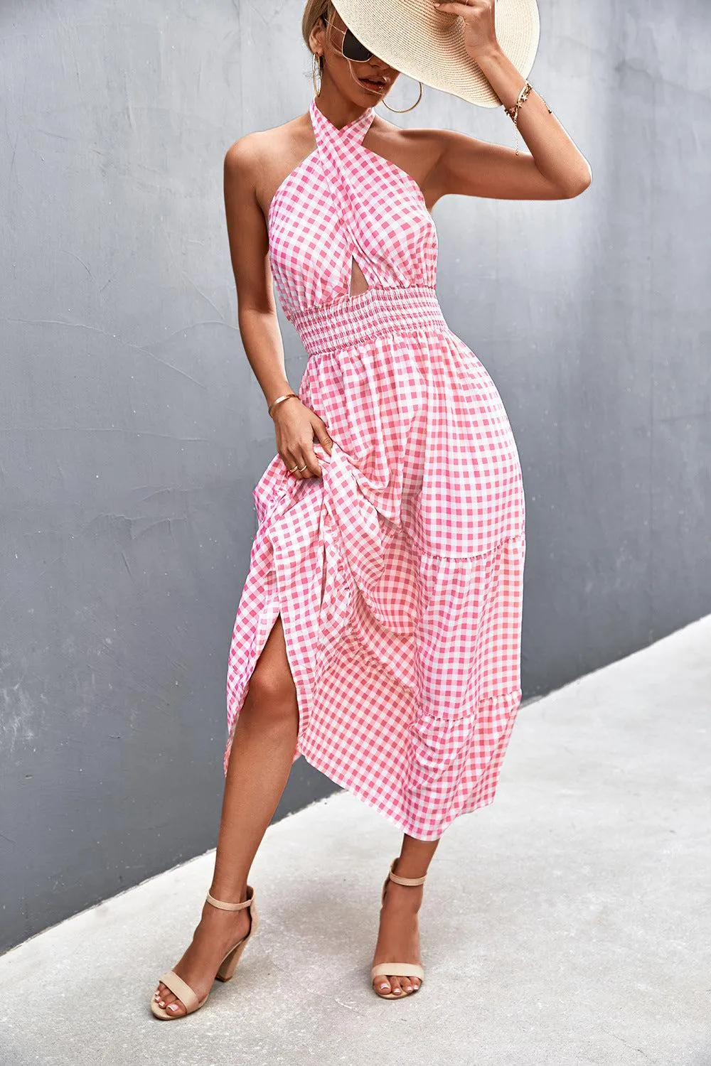 Blue Zone Planet |  Printed Halter Neck Tiered Maxi Dress
