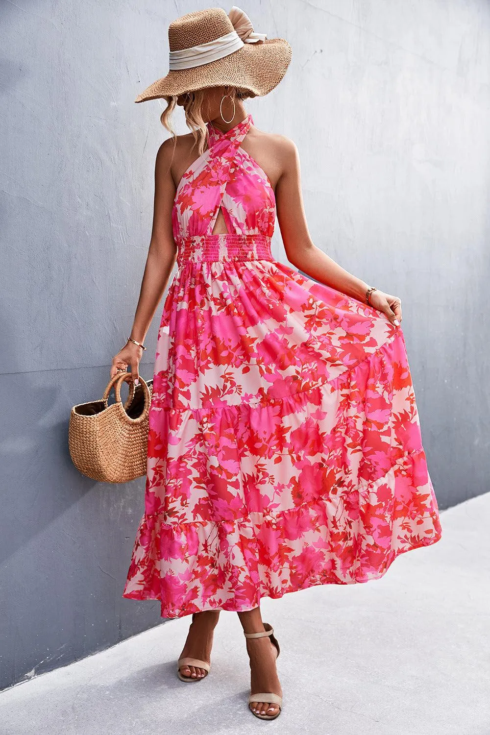 Blue Zone Planet |  Printed Halter Neck Tiered Maxi Dress
