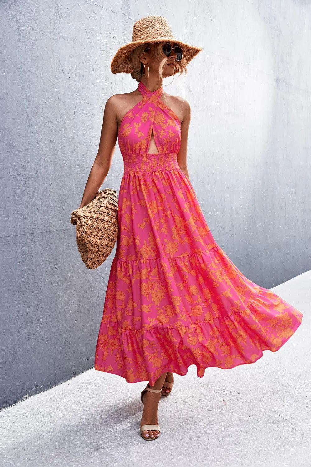 Blue Zone Planet |  Printed Halter Neck Tiered Maxi Dress
