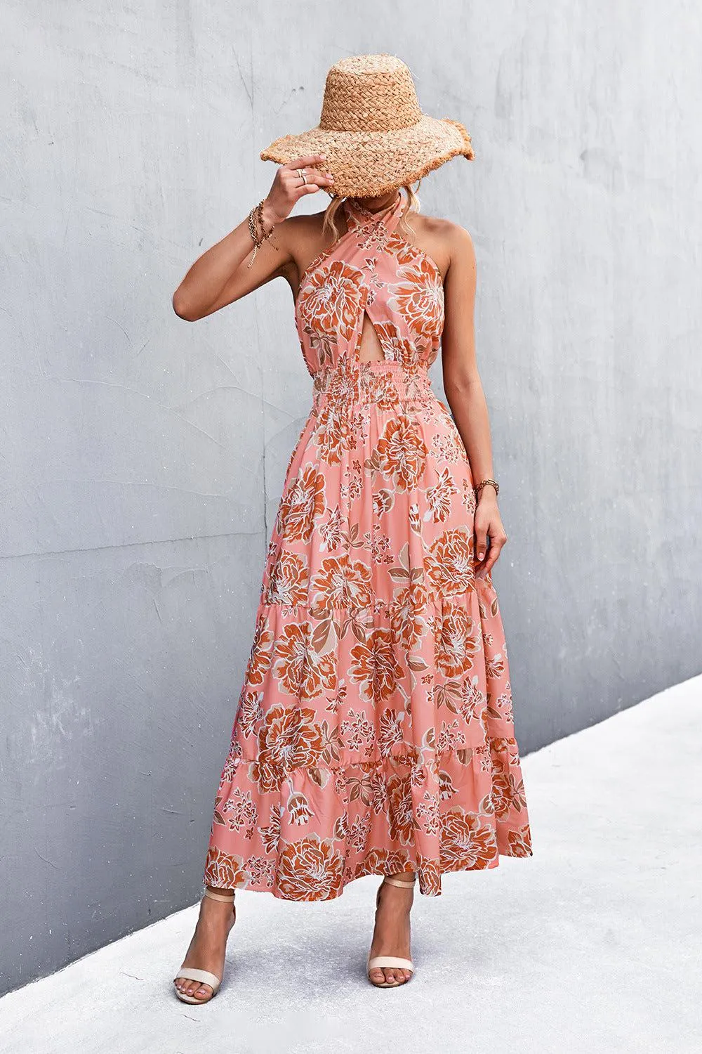 Blue Zone Planet |  Printed Halter Neck Tiered Maxi Dress