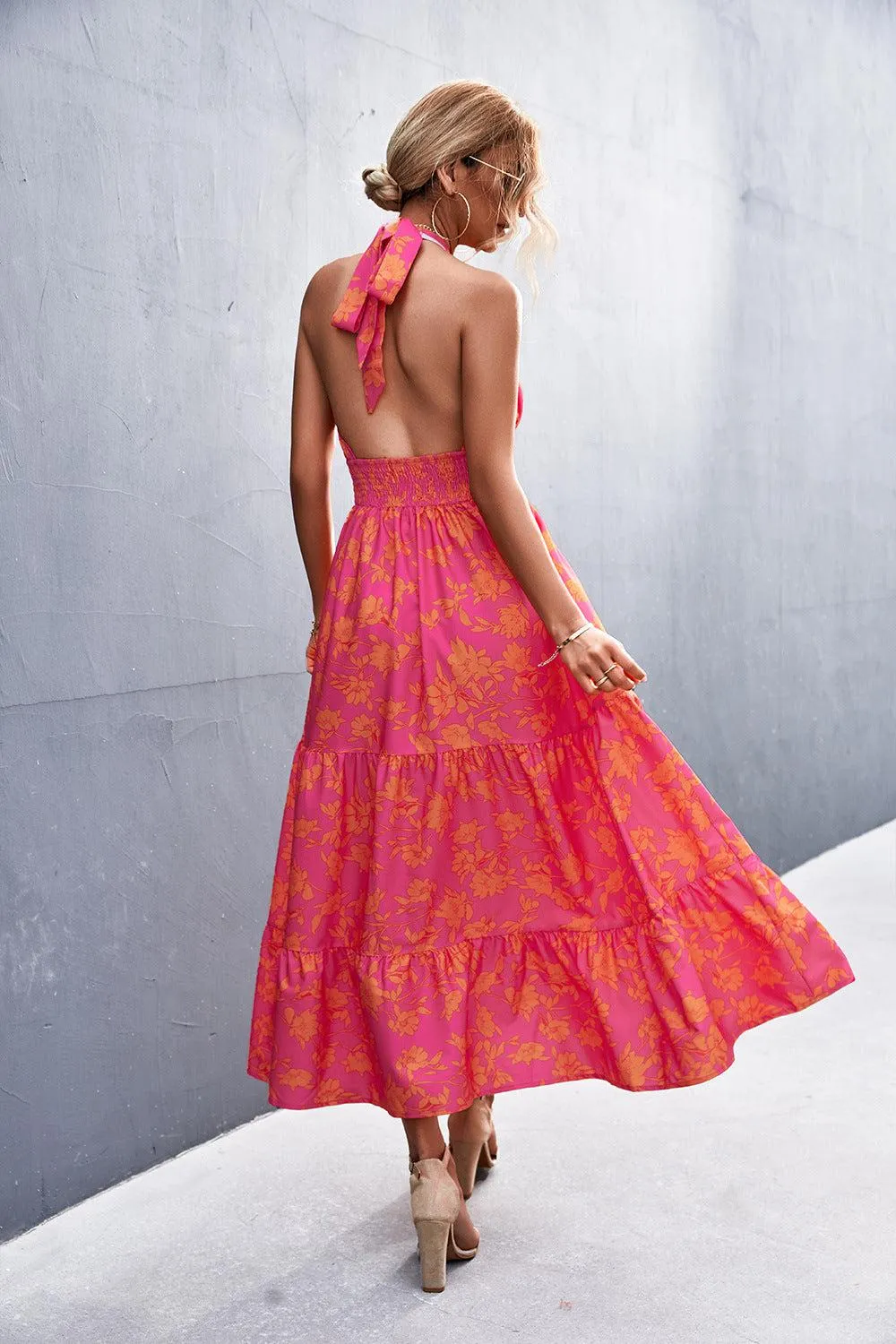 Blue Zone Planet |  Printed Halter Neck Tiered Maxi Dress