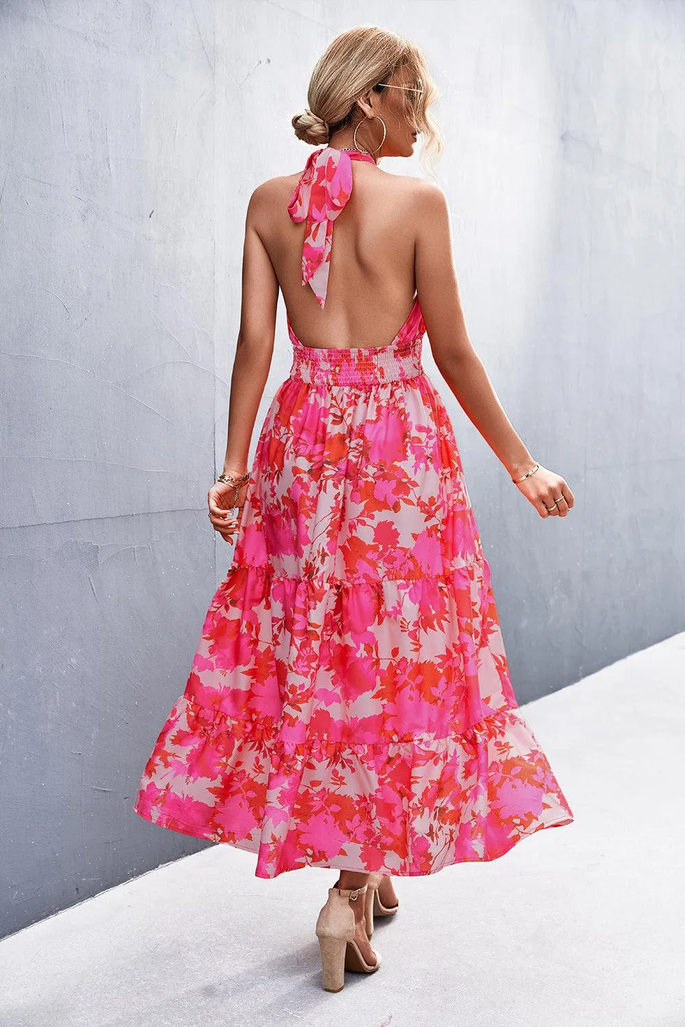 Blue Zone Planet |  Printed Halter Neck Tiered Maxi Dress