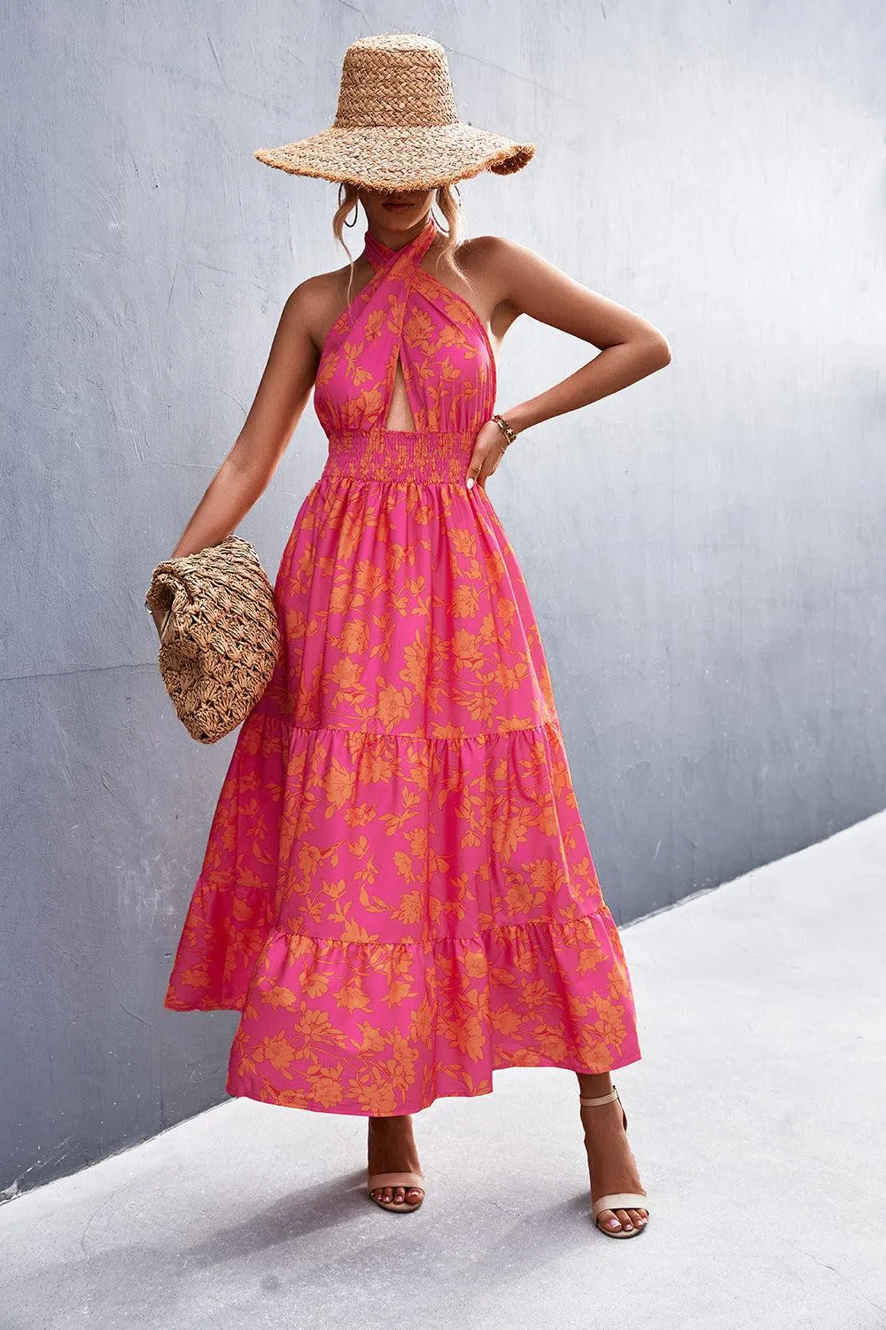 Blue Zone Planet |  Printed Halter Neck Tiered Maxi Dress