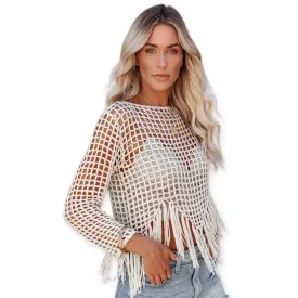 Boho Beige Crochet Tassel Trim Crop Top