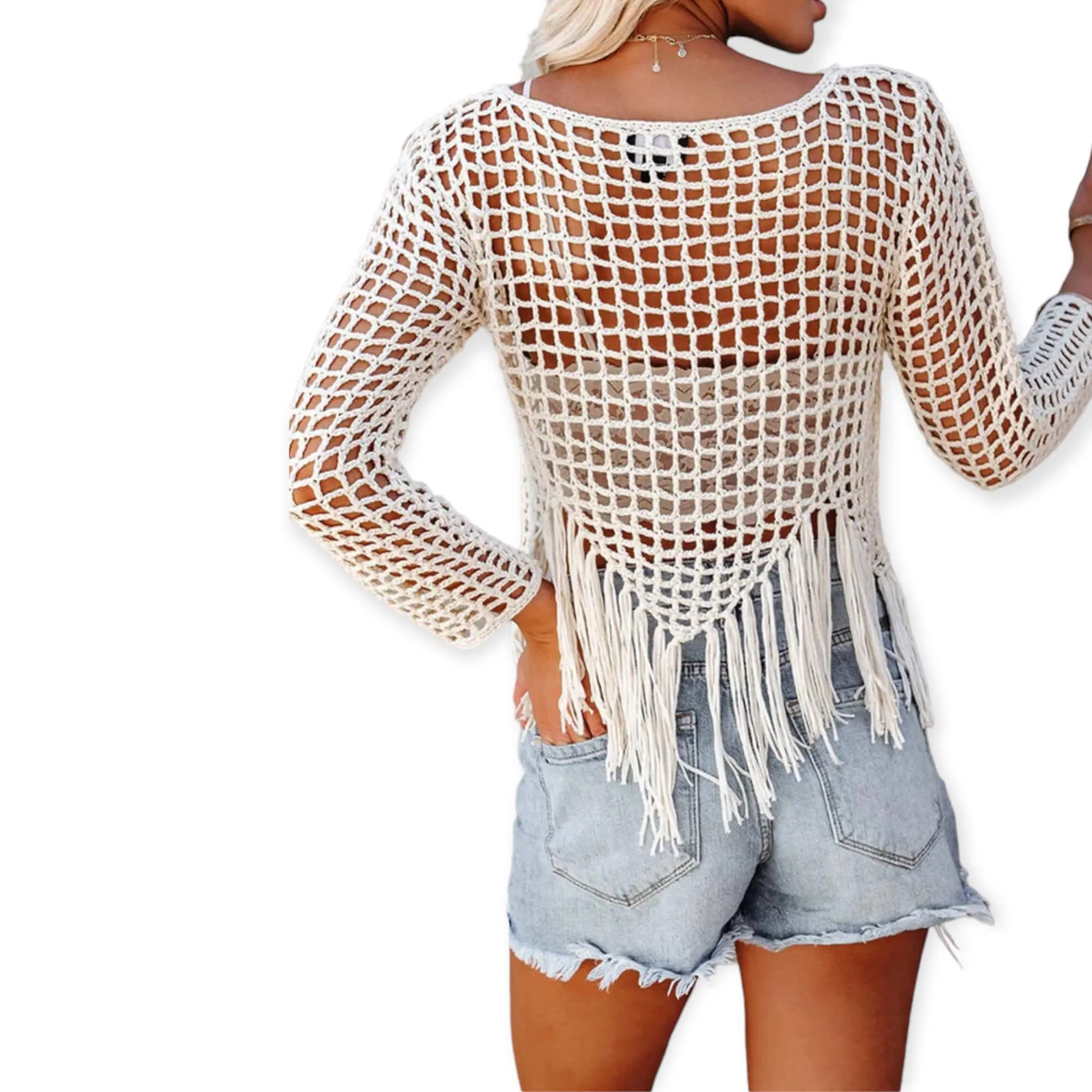 Boho Beige Crochet Tassel Trim Crop Top