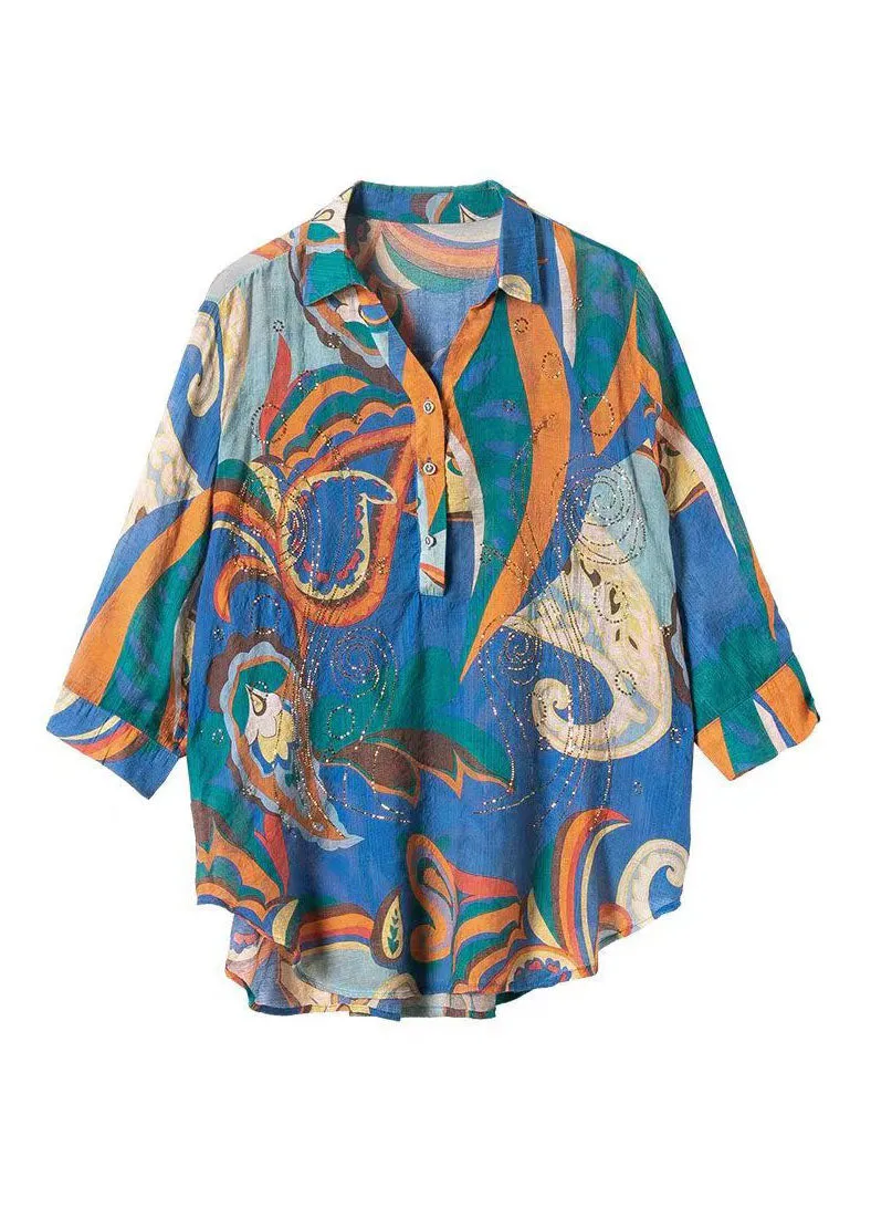 Boho Blue Button Zircon Patchwork Chiffon Shirt Tops Bracelet Sleeve LY5926