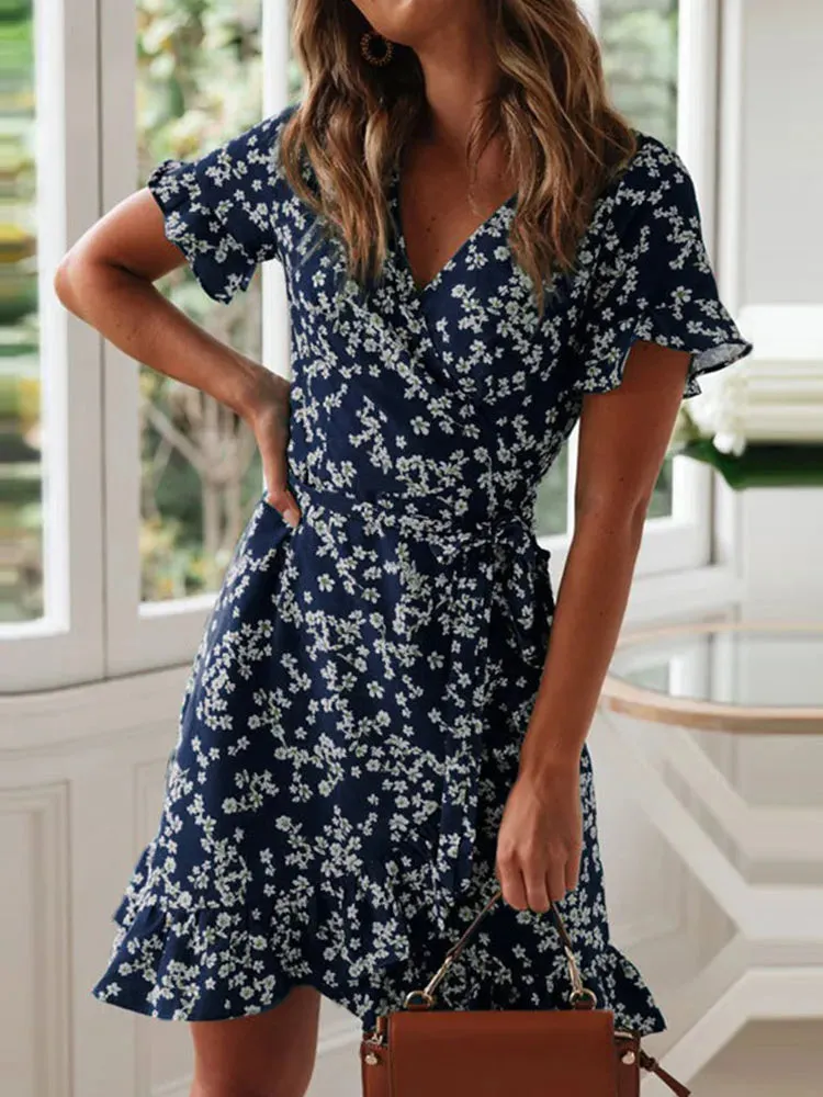 Boho Floral Print Ruffles 2024 Summer Chiffon Mini Vacation Sundress A-Line Dress