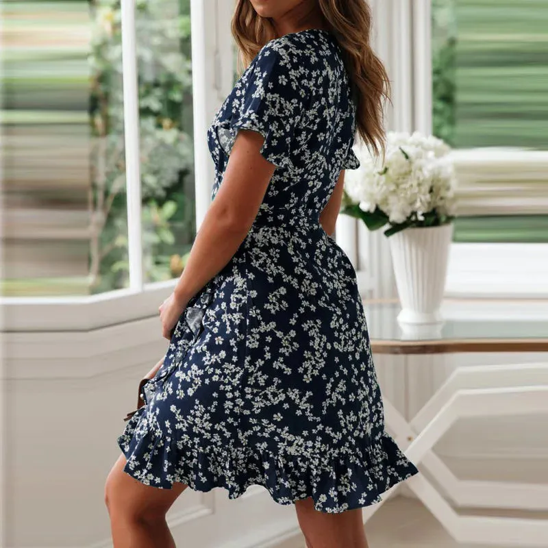 Boho Floral Print Ruffles 2024 Summer Chiffon Mini Vacation Sundress A-Line Dress