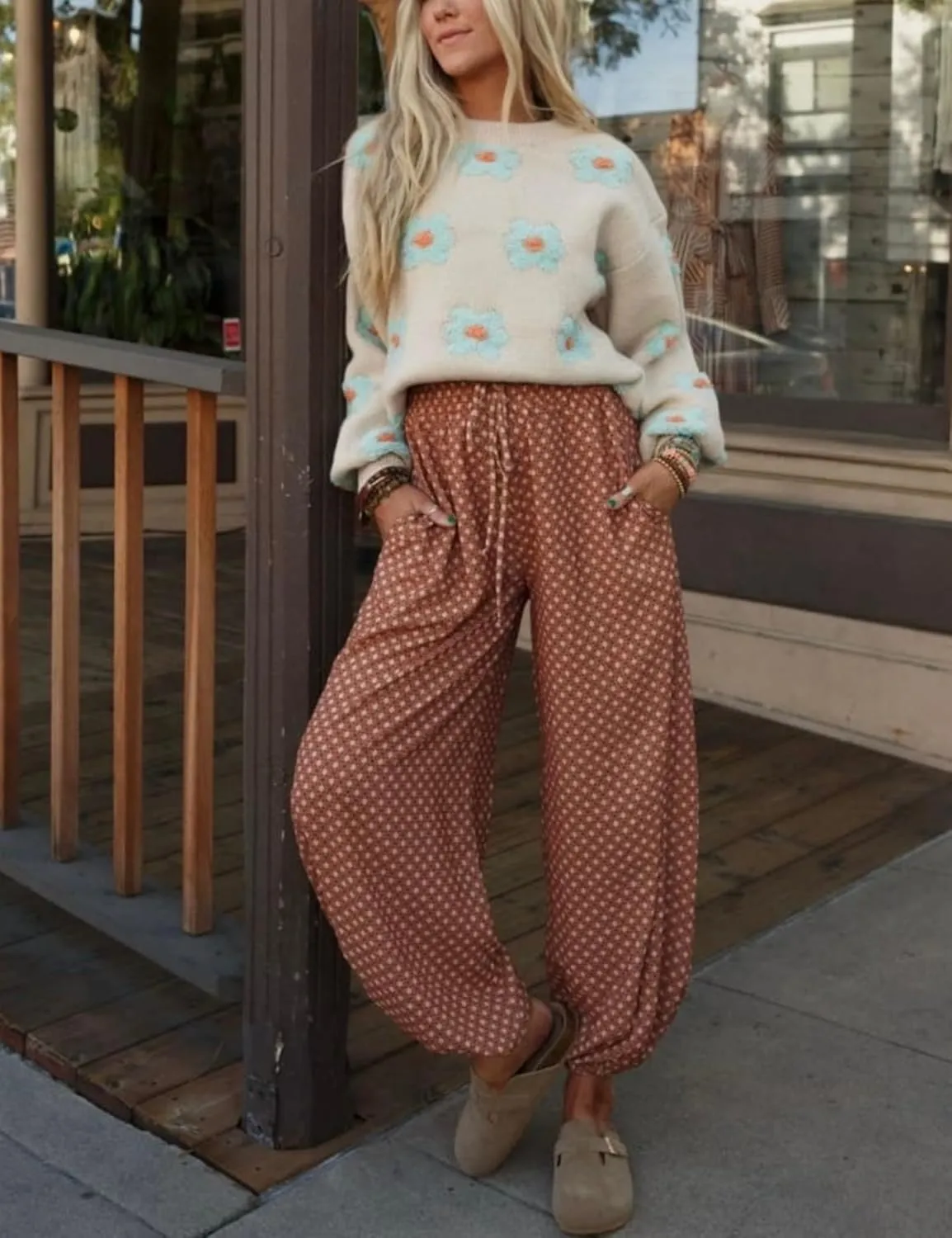 Boho Wide Leg Pants for Women High Waisted Drawstring Joggers with Pockets Loose Lounge Pants