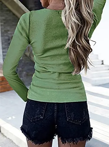 BTFBM Women Long Sleeve V Neck Button Up Solid Tops Blouses Trendy Slim Fit Lace Sleeves Ribbed Knit Casual Shirts Tunic (Solid Bean Green, Small)