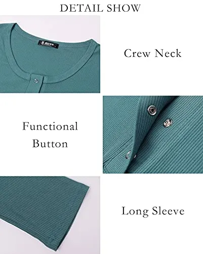 BTFBM Women Long Sleeve V Neck Button Up Solid Tops Blouses Trendy Slim Fit Lace Sleeves Ribbed Knit Casual Shirts Tunic (Solid Bean Green, Small)