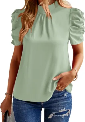 BTFBM Women's Summer Boho Shirt Top Ruffle Short Sleeve Frill Trim Mock Neck Floral Solid 2025 Casual Blouses Shirts Tops