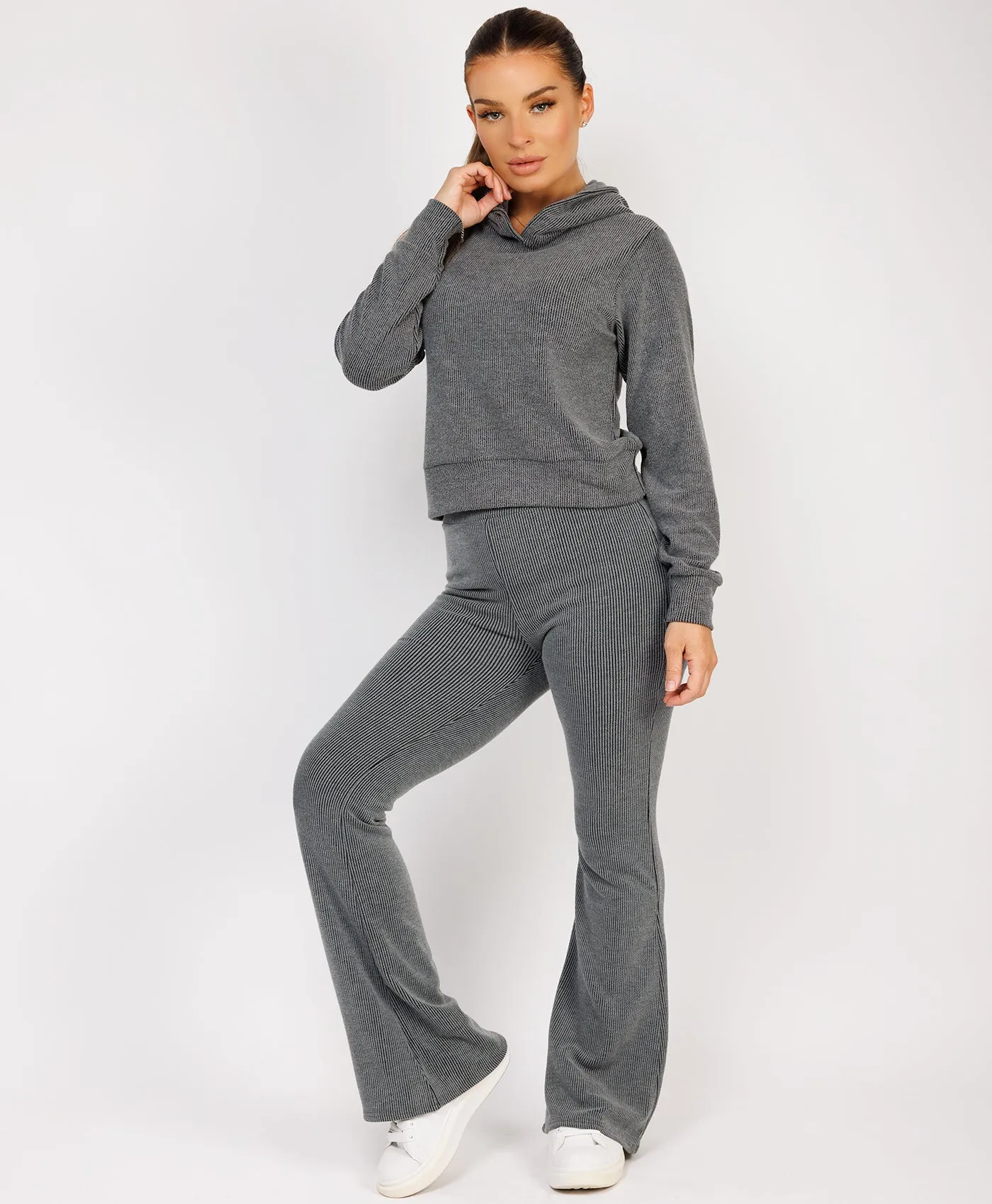 Charcoal Grey Ribbed Hoody & Skinny Flare Trousers Loungewear Set