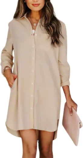 chouyatou Women's Casual Loose Fit Long Sleeve Solid Striped Button Down Shirts Dresses